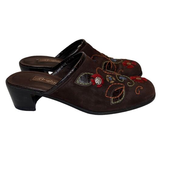 Brighton Fiona Mules Size 8.5N Brown Leather Embroidered Floral Nubuck Suede - Picture 16 of 16